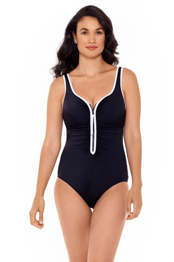 Reebok 782028 Zig Zag 2.0 Shirred Zip Front One Piece Swimsuit, Pink