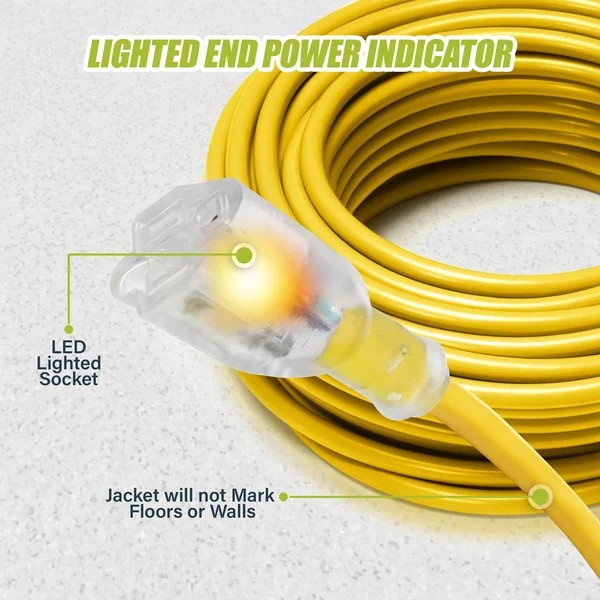 GearIT Extension Cord 10/3 100 Feet Ultra Heavy Duty SJTW with Lighted End for Outdoor/Indoor All Purpose Weather Resistant 10 G