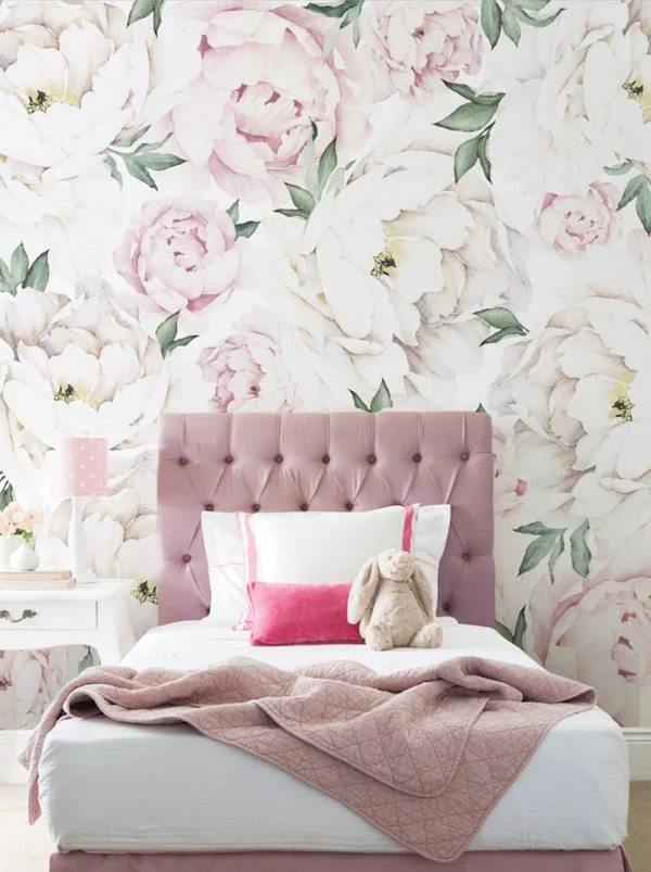 Peony Flower Mural Wall Art Peel and Stick Wallpaper, Pink