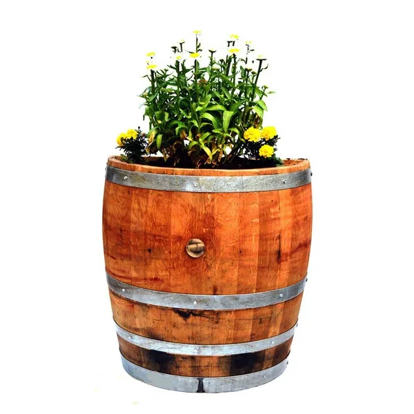 Master Garden Products Tall 26 in. W x 13 in. D x 27 in. H Quarter Oak Wine Barrel Planter, Natural