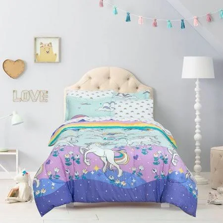 Kidz Mix Magical Unicorn Super Soft Bed in A Bag with Reversible Rainbow Comforter, Size: Full
