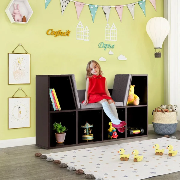 Costway 6-Cubby Kid Storage Bookcase Cushioned Reading Nook-Brown