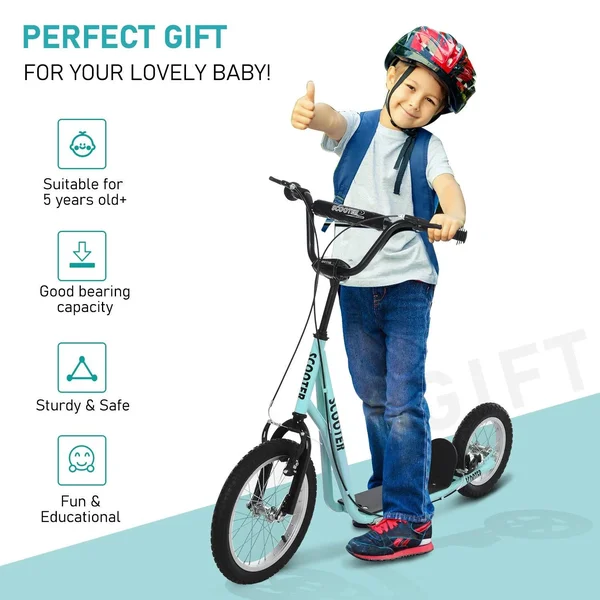 Aosom Teens Youth Scooter Ride on Toy with Adjustable Handlebar, Dual Brakes, and Inflatable Wheels for Kids 5+ (Blue)