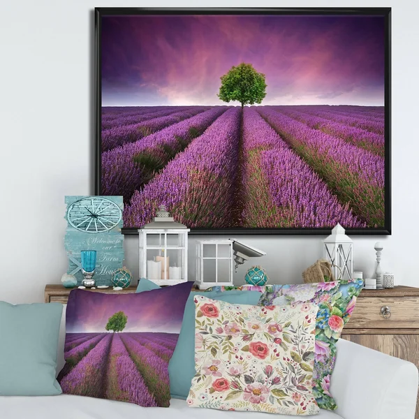 Designart 'Stunning Lavender Field Summer Sunset with Tree' Farmhouse Framed Canvas Wall Art Print - 40 in. Wide x 30 in. High
