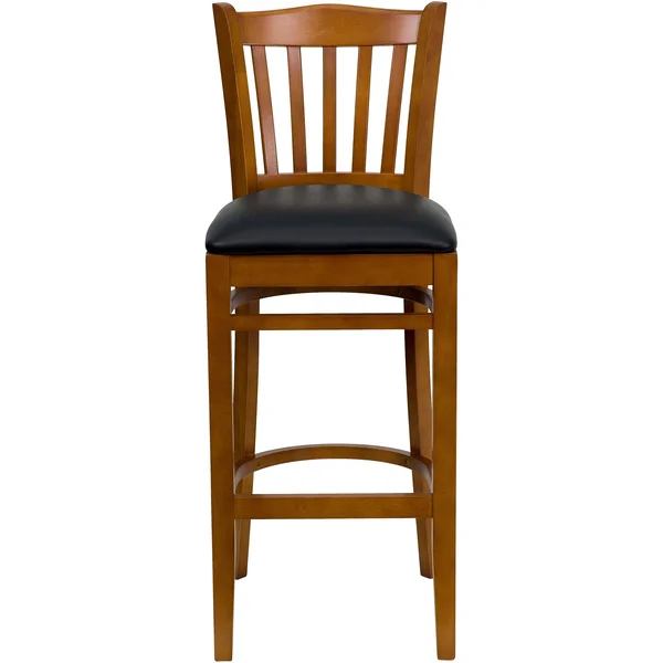 Hercules Series Vertical Slat Back Cherry Wood Restaurant Barstool - Black Vinyl Seat