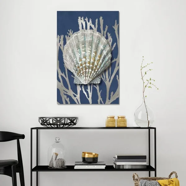 Shell Coral Silver on Blue IV Canvas Artwork Print by Caroline Kelly ( Animal Art > Sea Life > Coral art)