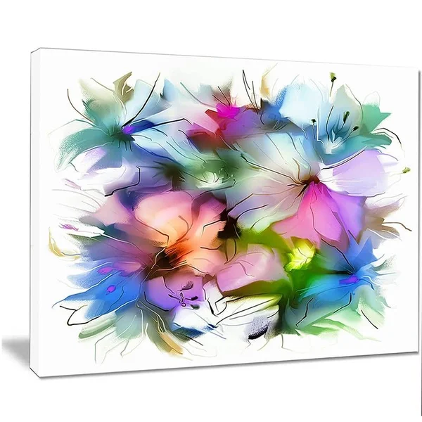 Designart &Watercolor Floral Bouquet& Extra Large Floral Wall Art - Blue - 40 in. Wide x 30 in. High - 1 Panel