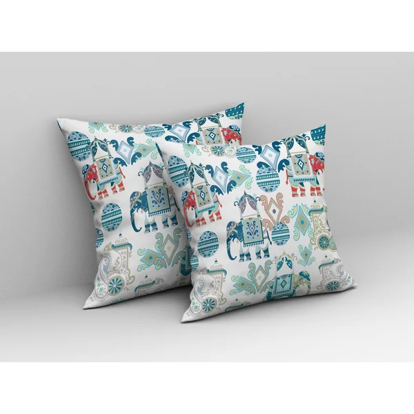 Elephant Howdah Suede Blown & Closed Pillow w/ Insert in Blue & White 20x22x20x22