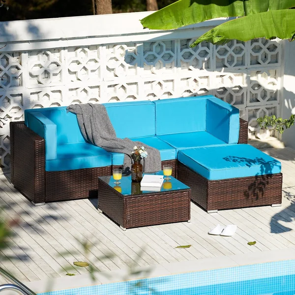 CO-Z 5 Pcs Outdoor Patio Furniture Set, Sectional Sofa, Table - Walnut & Blue, 29.5 x 29.5 x 25 in