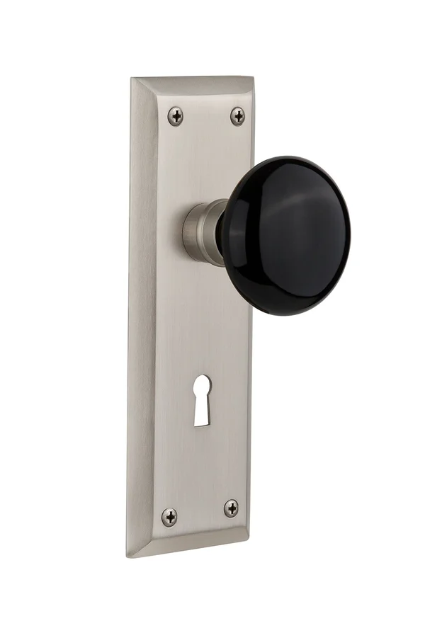 Nostalgic Warehouse New York Plate with Keyhole Black Porcelain Knob, Single Dummy, Satin Nickel