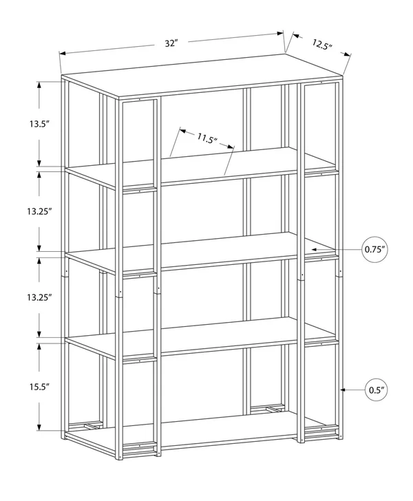 12.5x22 x 32x22 x 62x22 Dark Taupe Black MDF Metal Bookcase
