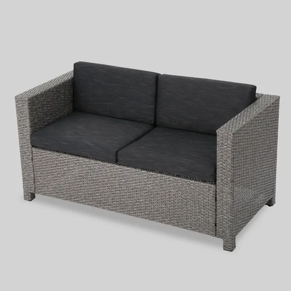 Puerta Outdoor Wicker Loveseat with Cushion by Christopher Knight Home grey/mixed Black Cushion