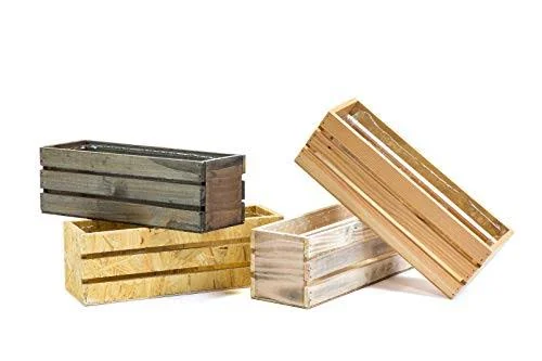 Wood Planter Box with Wine Crate Styled, 12x4 inch Rectangular, Rustic Barn Wood, Plastic Liner, Garden Centerpiece Display, Wed