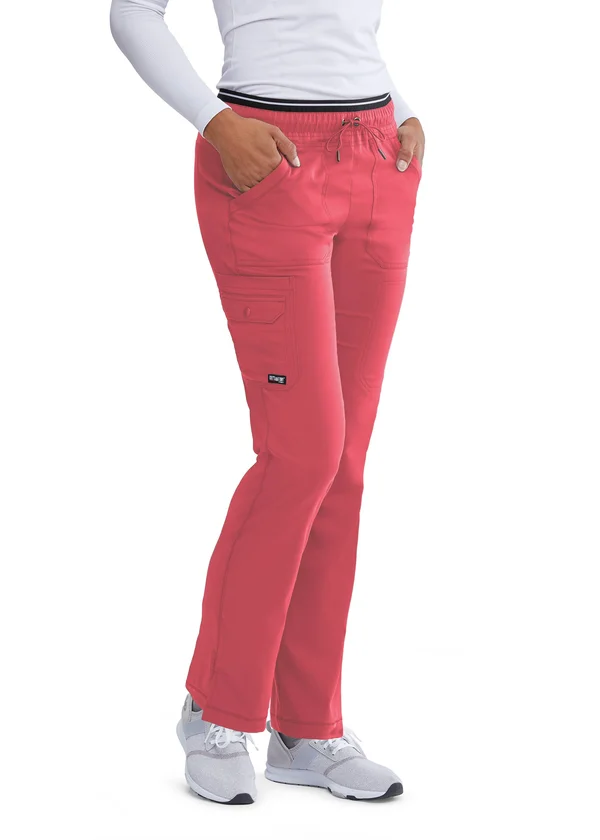 Grey&s Anatomy Spandex Stretch Zoe 6 Pocket Drawstring Scrub Pants - Peach Flower from Uniform City
