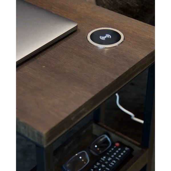 Solid Bamboo Steel Frame C-Table with Tray & Wireless USB Charger (Brushed Brown)
