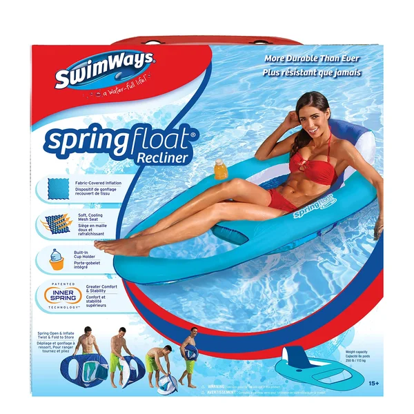 Swimways Spring Float Recliner, Light Blue/Dark Blue, 56 in x 38 in x 16 in
