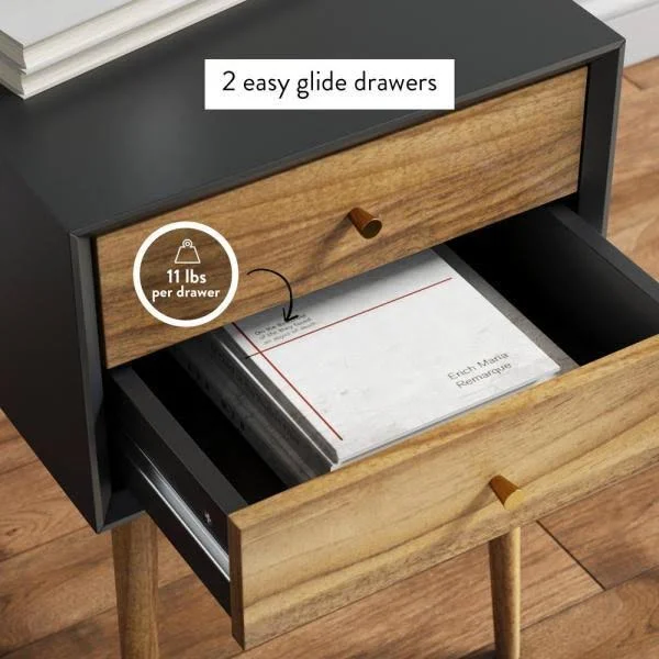 Nathan James Harper 2-Drawer Mid-Century Side Table - Black/Brown