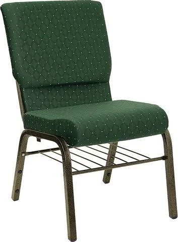 Hercules Series 18.5x22 Green Patterned Fabric Church Chair with Book Basket and Gold Vein Frame by Flash Furniture - XU-CH-6009