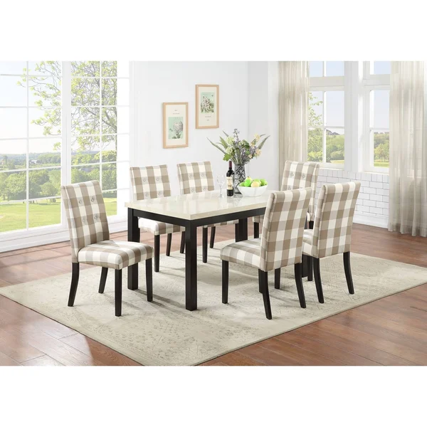 Beige Grid Patterned Fabric Upholstered Side Chairs - Set of 2