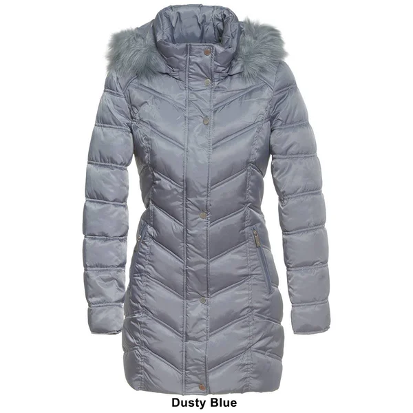 Kenneth Cole Chevron Quilted Coat with Faux Fur Hood Black