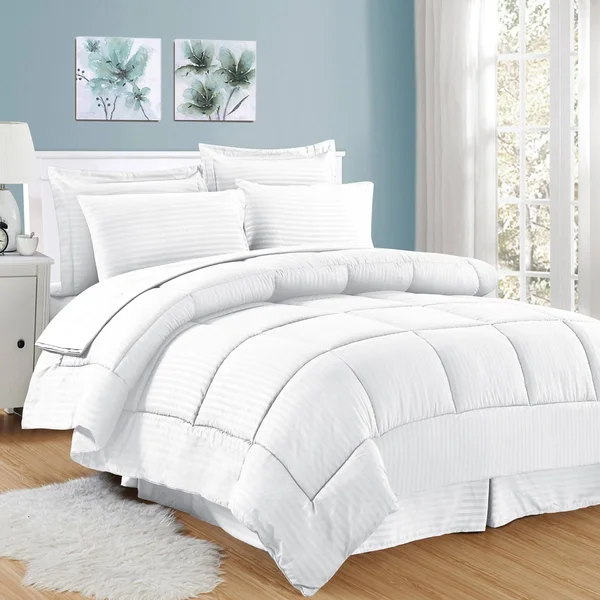 Soft Dobby 8-Piece Striped Down Alternative Bed-in-a-Bag Set w/ Sheets - White - Queen