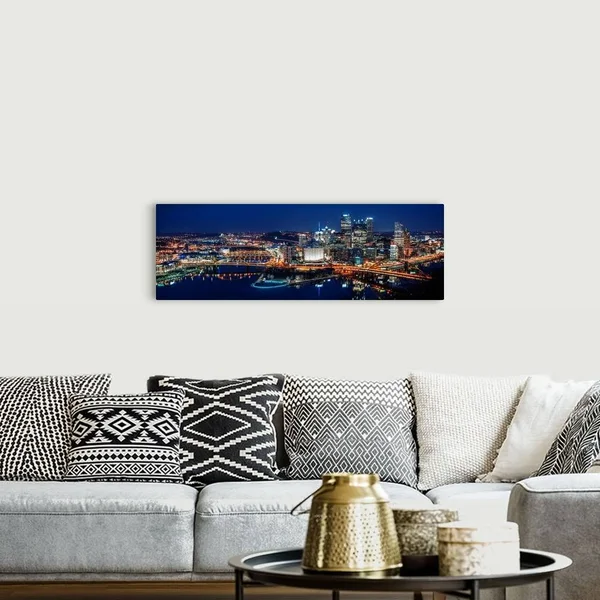 Panoramic Pittsburgh City Skyline at Night, Canvas Wall Art, 48x16, Great Big Canvas