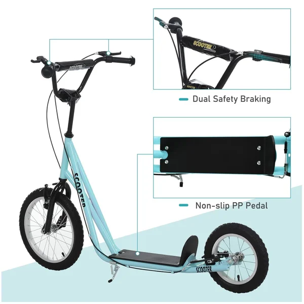 Aosom Teens Youth Scooter Ride on Toy with Adjustable Handlebar, Dual Brakes, and Inflatable Wheels for Kids 5+ (Blue)