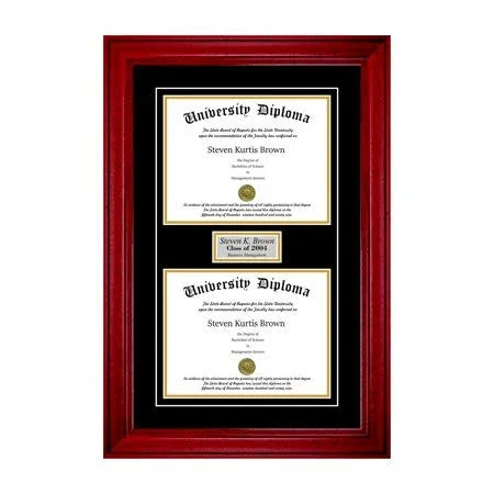 Personalized Double Diploma Frame with Double Matting for 17 inch x 14 inch Tall Diploma with Cherry 2 inch Frame, Size: 14 x 17