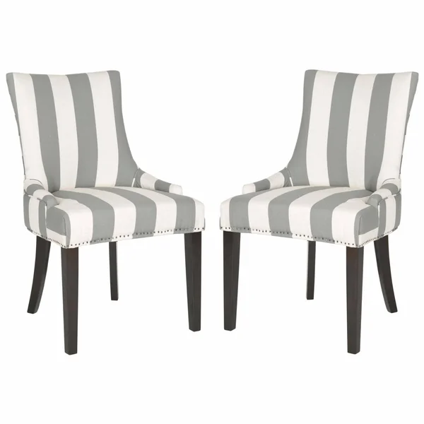 HN Home Bridgeport Transitional Awning Stripes Dining Chair with Silver Nail Heads - Set of 2 Gray - Bone