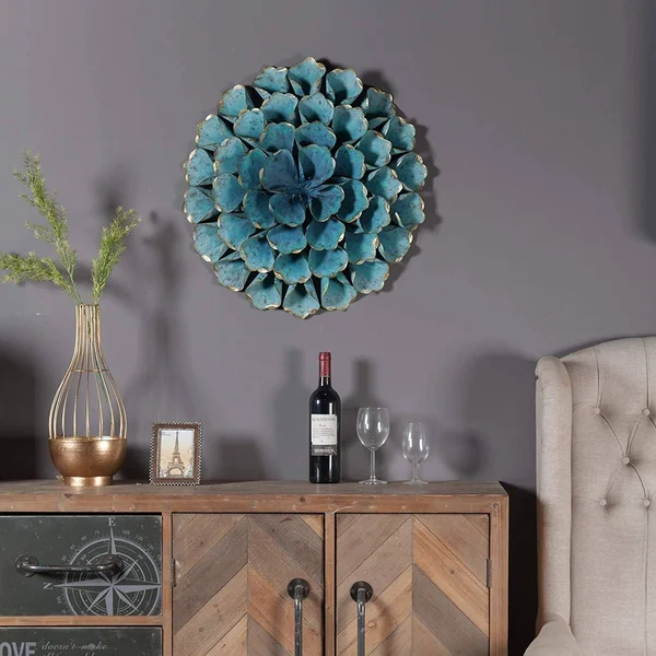 Distressed Teal Blue Metal Flowered Wall Art 3D Hanging Flower Sculpture Metallic Gold Accents Living Room Bedroom Home Decor - 2