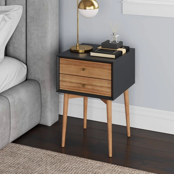 Nathan James Harper 2-Drawer Mid-Century Side Table - Black/Brown