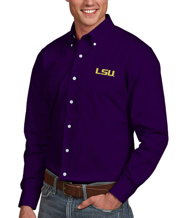 Antigua LSU Tigers Purple Dynasty Woven Long Sleeve Button-Down Shirt Size: Large