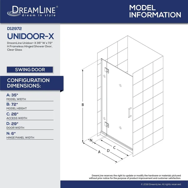 DreamLine D12972-06 Unidoor-X 35 in. W x 72 in. H Frameless Hinged Shower Door Oil Rubbed Bronze