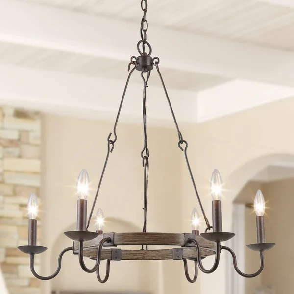 Log Barn Rustic French Country Chandelier, 6 Lights Wagon Wheel Hanging Island Lighting for Kitchen in Rusty Metal & Faux Wo