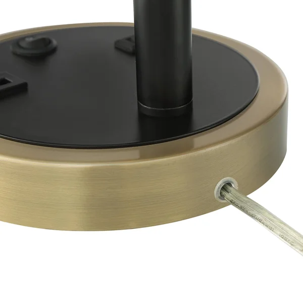 Possini Euro Design Mid Century Desk Table Lamp with USB and AC Power Outlet in Base Gold Metal Black Shade Living Room Bedroom