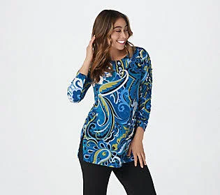 Susan Graver Printed Liquid Knit Tunic withRuched Sleeves, Size Medium, Navy/Teal