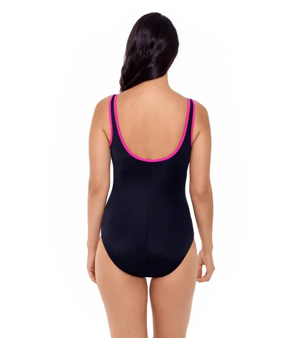 Reebok 782028 Zig Zag 2.0 Shirred Zip Front One Piece Swimsuit, Pink