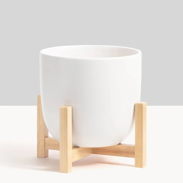 Peach & Pebble - Contour Ceramic Planter + Wood Stand Forest Green, Medium, 12 inch