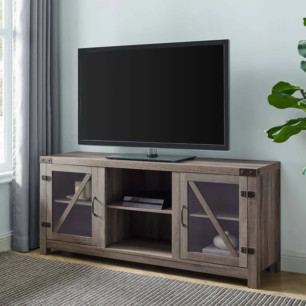 Walker Edison 58x22 Glass Barn Door Farmhouse TV Stand Console - Grey Wash