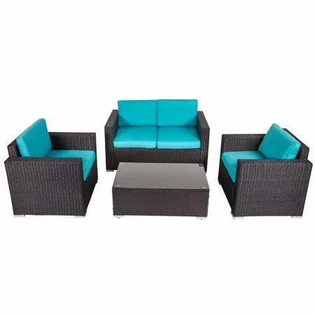 Kinbor New 4 Pcs Rattan Patio Outdoor Furniture Set Garden Lawn Sofa Sectional Set Black - Size: 26.8, Blue