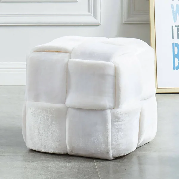 Benjara Velvet Upholstered Ottoman with Interlaced Design - White