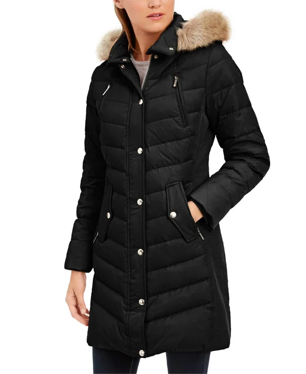 Michael Michael Kors Faux-Fur-Trim Hooded Chevron Down Puffer Coat - Created for Macy's - Black
