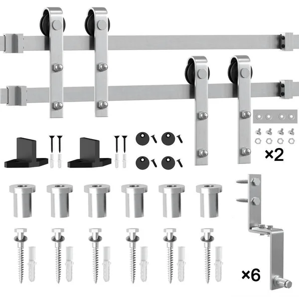 Winsoon 9 ft./108 in. Stainless Steel Sliding Bypass Barn Door Hardware Track Kit for Double Doors Non-Routed Floor GUIDE - Silve