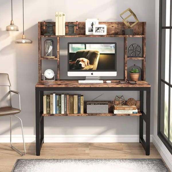 Computer Desk with Storage Shelves - 47 inch Modern Study Writing Desk with Hutch - Vintage Brown