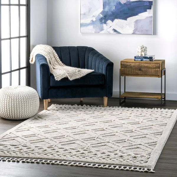 nuLOOM Ansley Textured Lattice Tassel Beige 6 ft. 7 in. x 9 ft. Area Rug