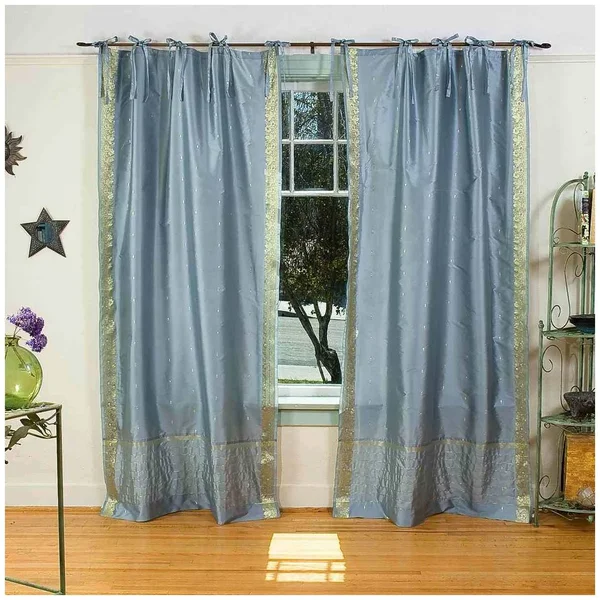 Gray Tie Top Sheer Sari Curtain, Drape, Panel - Piece
