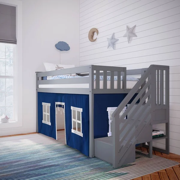Twin-size Low Loft with Stairs + Curtain - Grey Blue