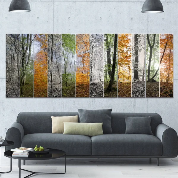 Design Art &Wood Panorama Changing Seasons& 6 Piece Photographic Print Set on Canvas - Orange