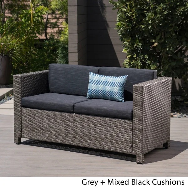 Puerta Outdoor Wicker Loveseat with Cushion by Christopher Knight Home grey/mixed Black Cushion