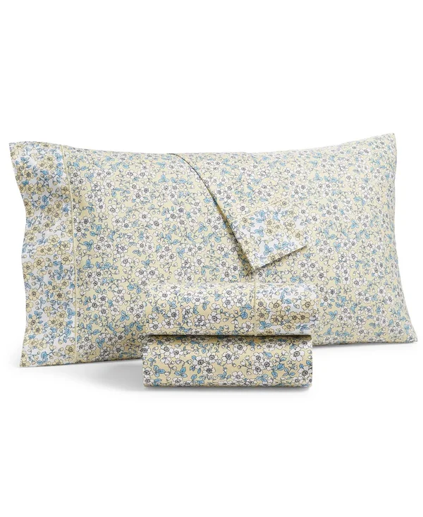 Martha Stewart Collection Printed Egyptian Cotton Percale 400 Thread Count 4 pc. Sheet Set - Full, Created for Macy&s - Yellow Fl